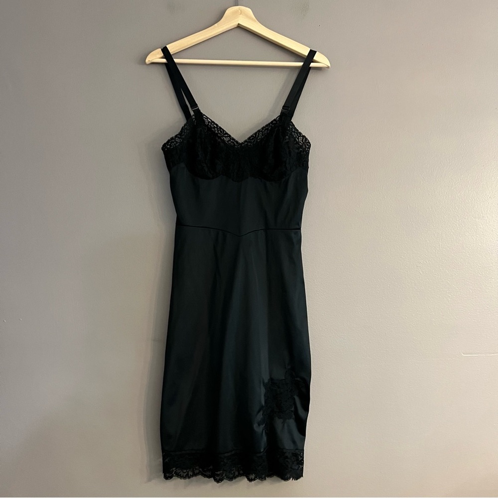 VTG LAROS Silky All Nylon Short Slip Dress Sheer  Lace Lounge Sexy Black Sz 32
